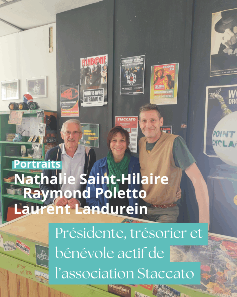 Portrait de Laurent Landurein, bénévole actif, Nathalie Saint-Hilaire, trésorier et Raymond Poletto présidente de l'association Staccato.